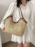 Contrast Binding Straw Bag Double Handle Hollow Out