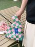 Checkered Pattern Crochet Bag Flower Decor