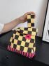 Checkered Pattern Crochet Bag Flower Decor