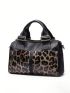 Leopard Pattern Double Handle Boston Bag Genuine Leather