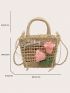 Mini Flower & Letter Decor Straw Bag Drawstring Design