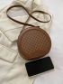 Mini Geometric Pattern Circle Bag Zipper Brown Vintage