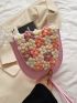 Small Flower Decor Straw Bag Flap Pink For Summer