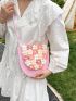 Small Flower Decor Straw Bag Flap Pink For Summer