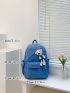 Blue Classic Backpack Preppy Cartoon Bear Decor For School