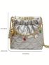 Small Ruched Bag Fashionable Argyle Quilted Faux Pearl Decor Chain Strap