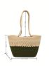 No-closure Straw Bag Fashionable Two Tone High-capacity