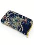 Random Peacock Embroidered Phone Wallet Sequin Decor Fashion Zipper