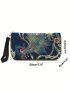 Random Peacock Embroidered Phone Wallet Sequin Decor Fashion Zipper