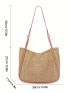 Contrast Binding Straw Bag Double Handle Vacation With Inner Pouch