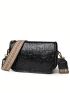 Letter Embossed Square Bag Black Adjustable Shoulder Strap Fashion