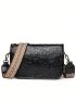 Letter Embossed Square Bag Black Adjustable Shoulder Strap Fashion