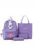 4pcs Bag Sets Backpack Tote Clutch Bag Pencil Case Purple