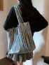 Striped Pattern Shopper Bag Patch Detail Casual Large Capacity