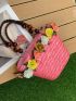 Mini Straw Bag Vacation Flower & Bead Decor Double Handle