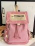 Slogan Patched Detail Flap Backpack Studded Decor Drawstring Zipper Polyester Fashionable