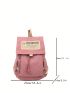 Slogan Patched Detail Flap Backpack Studded Decor Drawstring Zipper Polyester Fashionable