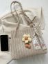 Twilly Scarf & Flower Decor Straw Bag Double Handle