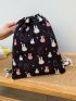 Preppy Drawstring Backpack Rabbit & Heart Print Polyester