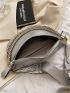 Silver Pu Geometric Pattern Metal Chain Decor Adjustable Shoulder Strap Waist Bag