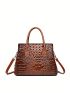 Crocodile Pattern Tote Bag With Metal Decoration & Double Handles