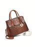 Crocodile Pattern Tote Bag With Metal Decoration & Double Handles