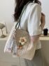 Medium Straw Bag Flower & Twilly Scarf Decor Vacation Double Handle