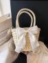 Bow Decor Straw Bag Khaki Double Handle For Vacation