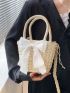 Bow Decor Straw Bag Khaki Double Handle For Vacation