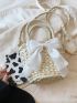 Bow Decor Straw Bag Khaki Double Handle For Vacation