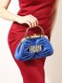 Rhinestone Decor Ruched Bag Fashionable Blue Double Handle Pu
