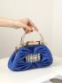 Rhinestone Decor Ruched Bag Fashionable Blue Double Handle Pu