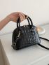 Elegant Dome Bag Black Crocodile Embossed Adjustable-Strap Pu
