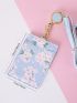 Pu Card Holder With Lanyard Floral Print Letter Detail Zipper