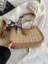 Contrast Binding Straw Bag Twilly Scarf Decor Shoulder Bag