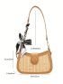 Contrast Binding Straw Bag Twilly Scarf Decor Shoulder Bag