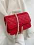 Red Pearl Decor Flip Style Fashionable PU Square Bag for Daily Use