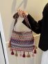 Geometric Pattern Square Bag Tassel Decor Fashionable Adjustable Strap