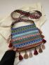 Geometric Pattern Square Bag Tassel Decor Fashionable Adjustable Strap