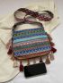 Geometric Pattern Square Bag Tassel Decor Fashionable Adjustable Strap