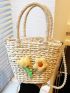 Mini Flower Decor Drawstring Design Straw Bag For Vacation