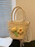 Mini Flower Decor Drawstring Design Straw Bag For Vacation