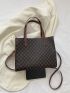 Geometric Pattern Square Bag Brown Fashionable Double Handle