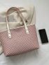 Geometric Pattern Contrast Binding Shoulder Tote Bag Pink Fashionable