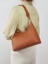 Stitch Detail Hobo Bag Brown Handbag Pu Leather Fashion Shoulder Bag With Adjustable Shoulder Straps