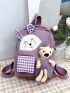 Gingham Pattern Classic Backpack Cartoon Rabbit & Bear Decor Preppy