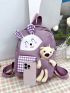 Gingham Pattern Classic Backpack Cartoon Rabbit & Bear Decor Preppy