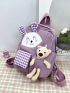 Gingham Pattern Classic Backpack Cartoon Rabbit & Bear Decor Preppy