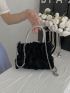 Black Ruched Bag Glamorous Rhinestone Decor Double Handle Chain Polyester