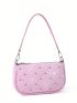 Quilted Pattern Rhinestone Detail Baguette Bag